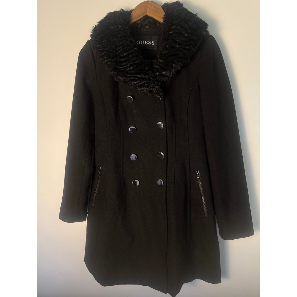 Y2K Guess Pea Coat Wm XS Black Faux Fur Collar Double Breasted Wool Blend Jacket